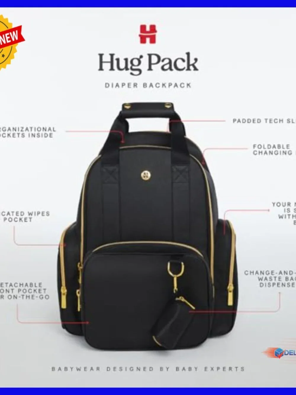 Vegan Leather Diaper Backpack with Changing Pad, Insulated Pocket
